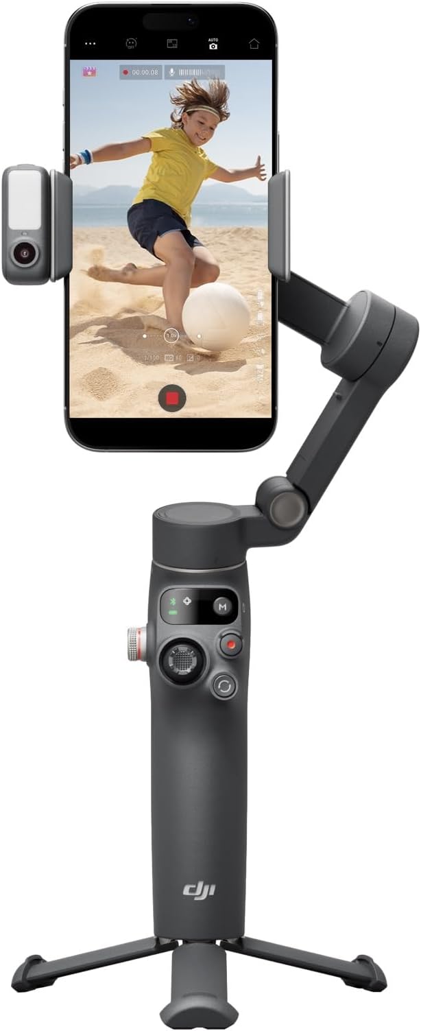 DJI Osmo Mobile 7P Gimbal Stabilizer for Smartphone 3-Axis Phone Gimbal Bundle with 2X Deco Essentials 3.5mm Clip-On Mini Lapel Microphone +LED Cordless Smartphone Ring Light + 2 Year Protection Pack