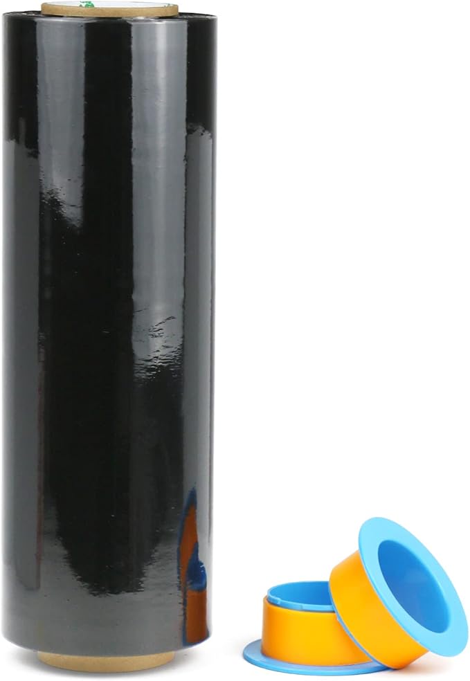 BOMEI PACK 1 Pack 1200ft Industrial Black Stretch Wrap Film 70 Gauge 15" with 3inch Plastic Rolling Handles for Pallet Wrap, Durable Self-Adhering Packing, Moving, Heavy Duty Shrink Film