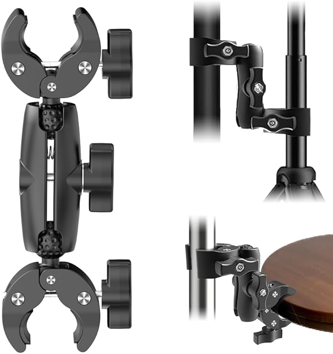 Double Clamp Camera Mount - Universal Bracket for Golf Carts, Umbrella Clamp, Desktop, Strollers, Wagons, Photo Studio, and More, Magic Arm Double Ball Head Adapter