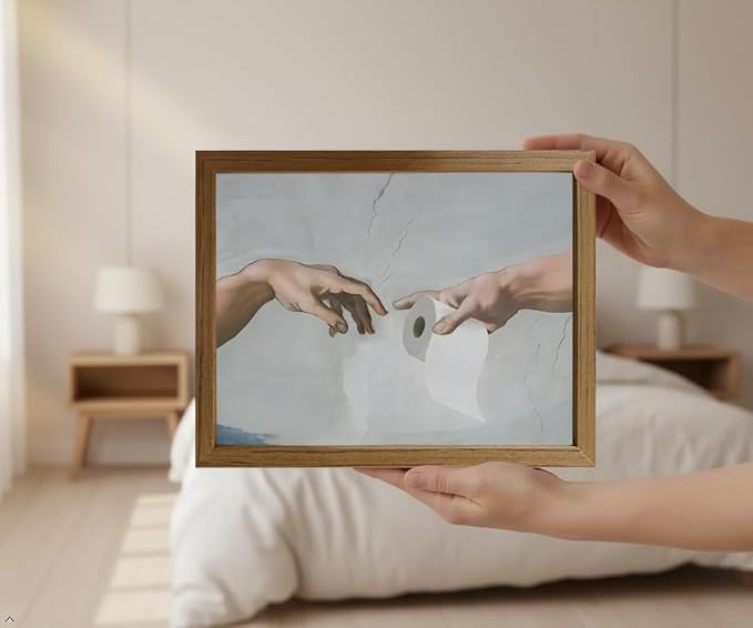 Funny Bathroom Wall Art 8x10 Framed Canvas, Humorous Toilet Paper Artwork, Modern Parody Classic Hands Painting Decor, Small Wall or Tabletop Picture for Bathroom Restroom Powder Room