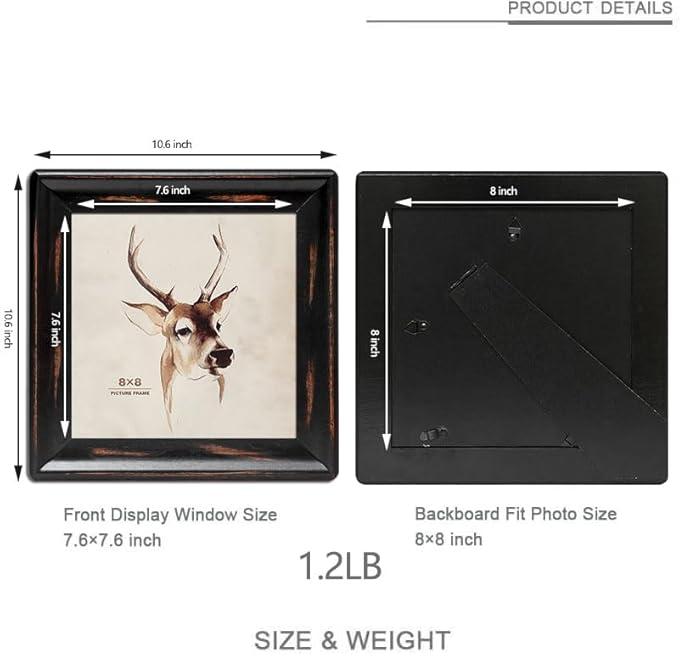 8x8 Wooden Picture Frames, Rustic Square Photo Frame Made of Solid Wood and Real Glass for Wall Hanging And Table Standing (Black)