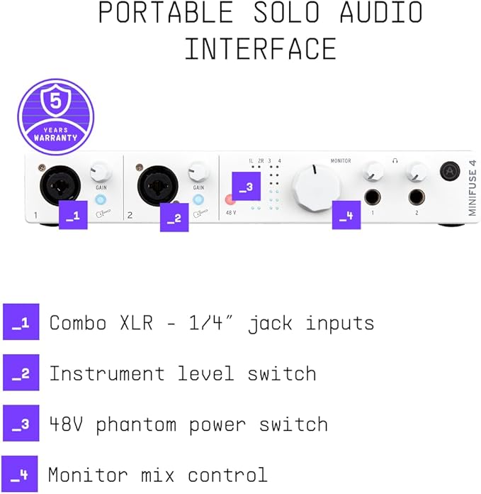 Arturia - MiniFuse 4 - Compact USB Audio & MIDI Interface with Creative Software for Recording, Production, Podcasting, Guitar - White