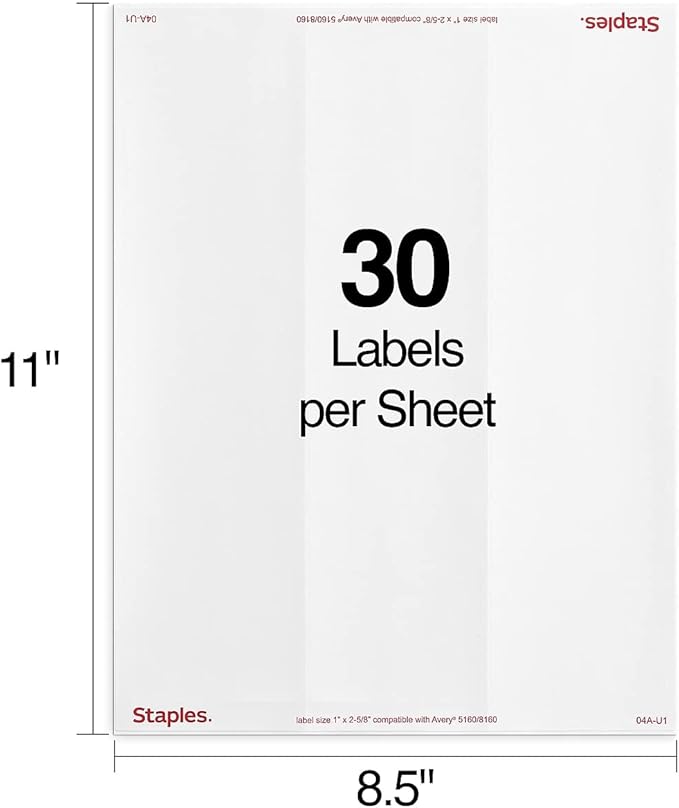 Staples 1" x 2-5/8" Address Labels, White – Easy-Peel Printable Laser & Inkjet Mailing Labels, 7,500 Labels (30 per Sheet)