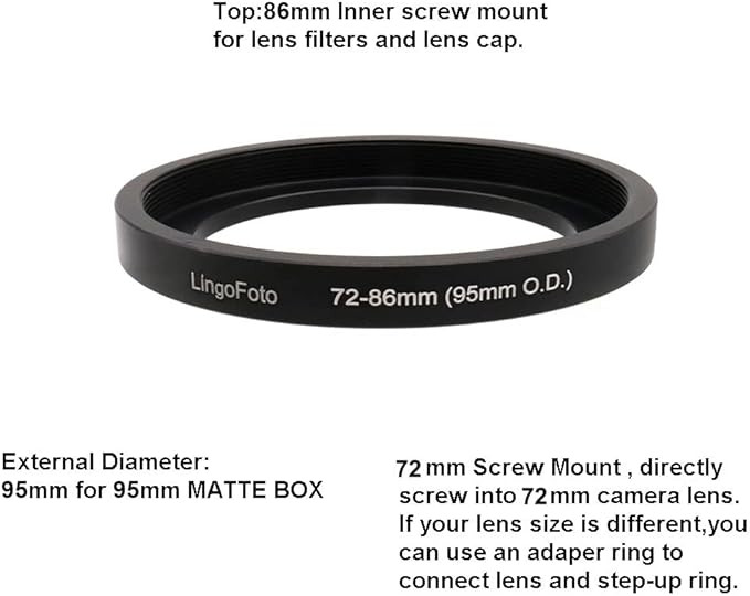 Lens Matte Box Adapter 72-86mm Step up Ring for 72mm Camera Lens to 95mm OD Matte Box Lens Mount (72-86/95mm)