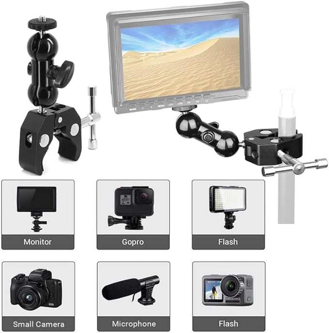 Camera Super Clamp Mount (w/ 1/4 and 3/8 Thread) and Double Ball Head Hot Shoe Mount Magic Arm Adapter for DSLR Camera/Camera Cage/LED Light/Flash Light/Action Camera