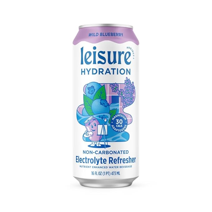 Leisure Hydration Non-Carbonated Electrolyte Refresher, Wild Blueberry Flavor - Low Sugar Nutrient Enhanced Water Beverage - Get The Best Hydration Packed w/ Magnesium & Ashwagandha For Mood & Stress Support, Non-GMO, 16 oz (12-Cans)