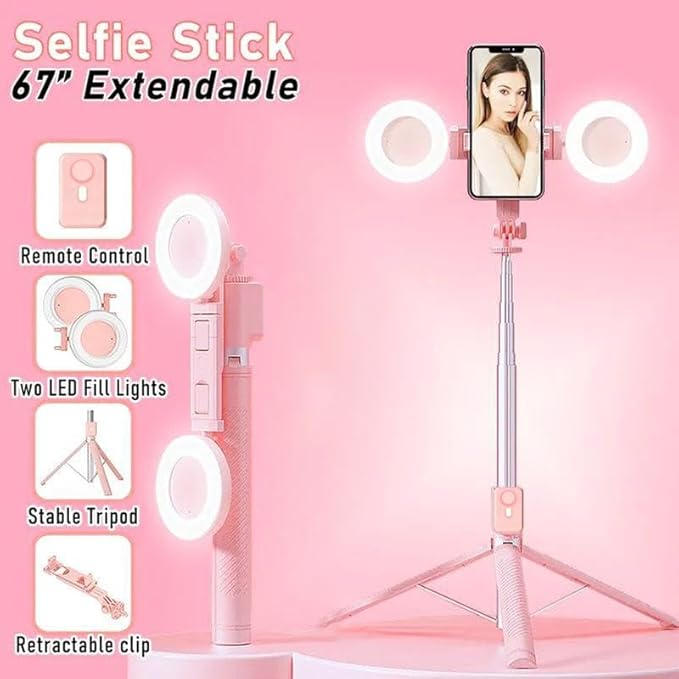 Selfie Stick Tripod with Light and Bluetooth Remote, 67" Extendable Mini Tripod Stand for iPhone Samsung Android, 6 in 1 Wireless Selfie Stick for TikTok YouTube Live Streaming(Pink)
