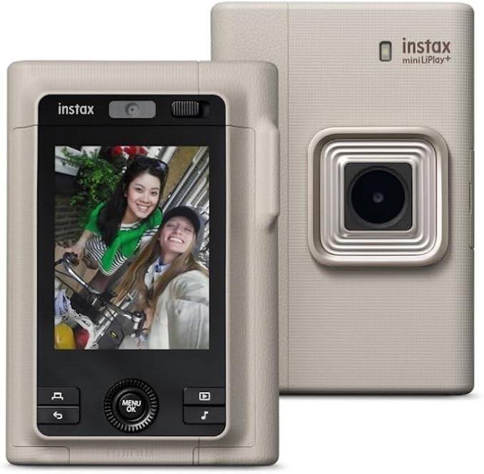 FUJIFILM instax mini LiPlay+ (Sand Beige) Hybrid Instant Camera Bundle with 20 Exposures Instant Film + Instax Mini Album, Borders, Stickers & Clips + Microfiber Cleaning Cloth (4 Items)