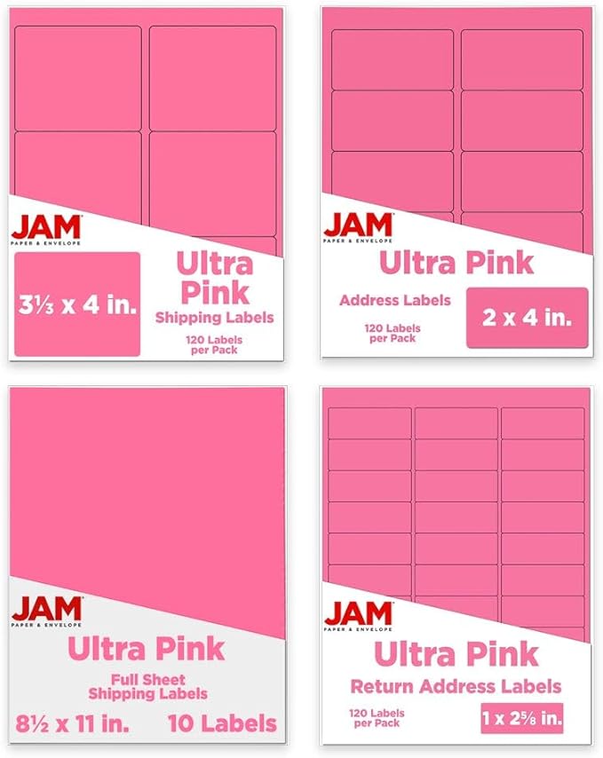 JAM PAPER Shipping & Mailing Address Labels - Multi Size Assortment - Ultra Pink - 370/Pack