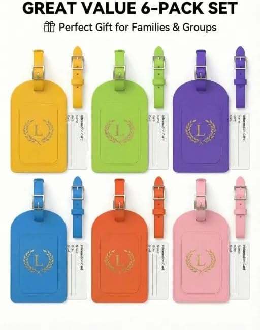 Luggage Tags for Suitcases 6 Pack PU Leather Travel Bag Tags with Privacy Cover & Stainless Steel Buckle, Vegan Leather Name ID Labels for Travel Bags, Cruise, Airline, Backpack, Baggage Identifier(L)