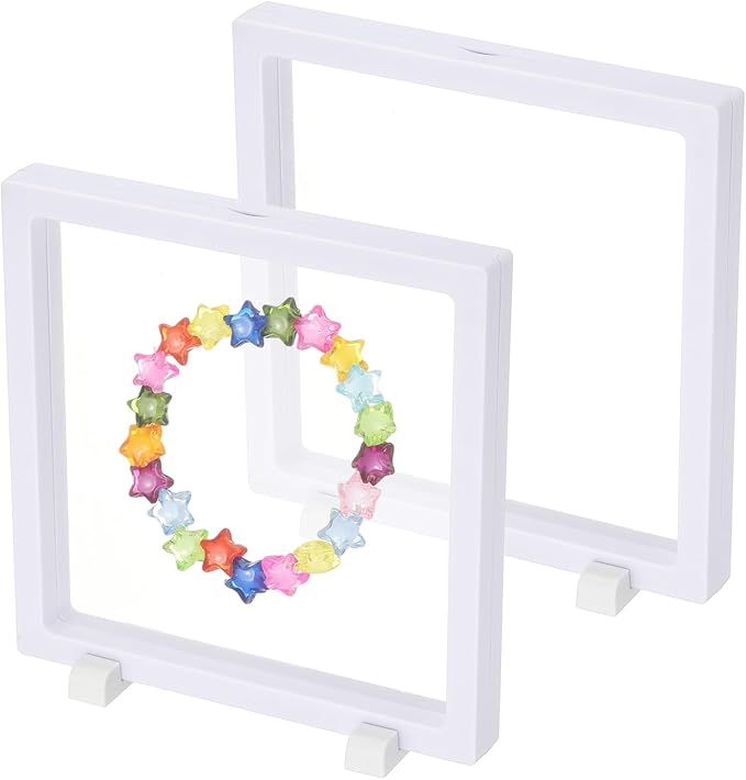 PATIKIL 2Pcs Floating Display Case, 7.1 Inch Jewelry Display Case Stand Challenge Coin Holder Frames Transparent Large Storage Box 3D for Necklace Bracelets Pendants, White