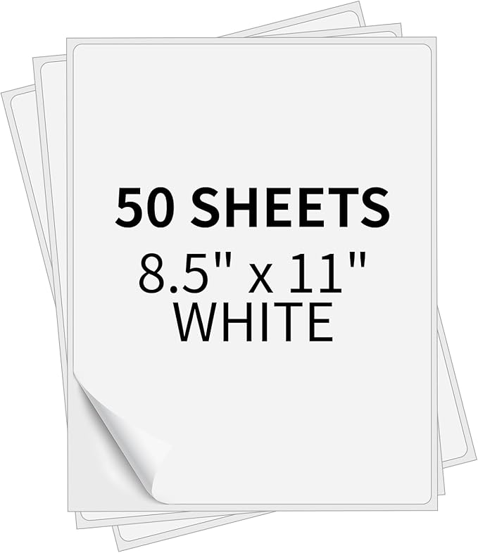 Full Sheet Labels 8.5” x 11” Sticker Paper Matte White, Large Shipping Label Paper for Inkjet Laser Printer, 50 Counts