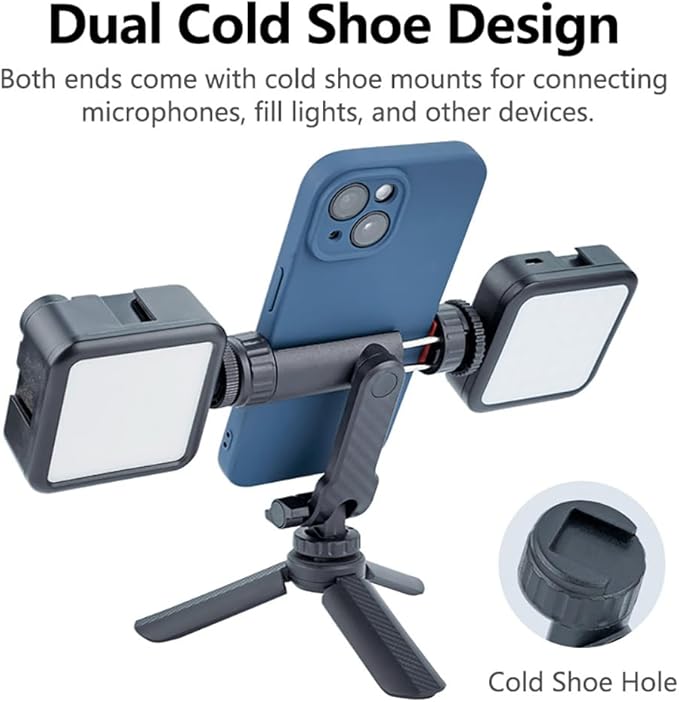 Dual Cold Shoe Phone Mount Holder — Universal Adjustable Smartphone Clamp with Dual Cold Shoe Mounts for Microphone & LED Light, 360° Rotating Ball Head, 1/4"-20 Tripod Screw Compatible