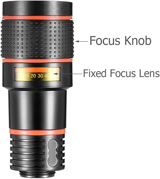 12x Optical Zoom HD Cell Phone Camera Lens, Telephoto Clip-On Lens for Single Lens Phone, Compatible with iOS X/8/7/6s/6 Plus Android Tablet, Used as Monocular Rubber Eyecup Carry Bag