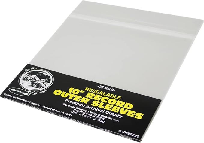10" Resealable Record Outer Sleeves - Super Clear Premium 2 Mil Thick - Archival Quality BOPP - 10-3/4" x 10-3/8" + 1-1/2" Flap - 10SB02RS (25)