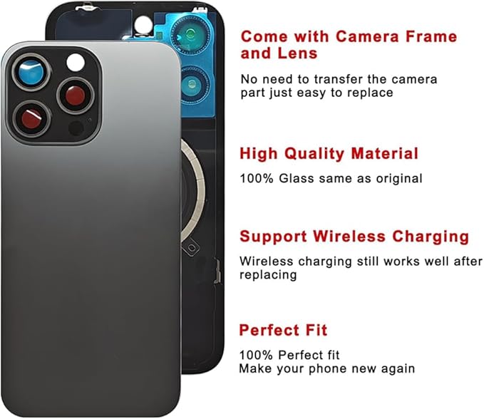 1Pcs/Lot Battery Cover Glass for iPhone 15 Pro Max Back Housing Replacement with Small Parts Metal Plate Magnetic for iPhone 15PM 2in1 Big Hole Back Glass Rear Door Case (White)
