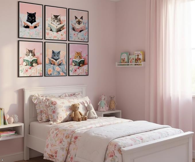 Zhfmoir Cute Cat Reading Posters Wall Art Set of 6, Funny Cats with Books Prints Aesthetic Kitty Wall Decor for Girls Bedroom Kids Room Nursery Classroom Library Decor 8x10 Inch Unframed