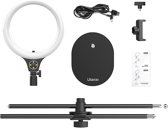 ULANZI Overhead Phone Mount Tripod with Light, 3500k-6500K 10" Desk Ring Light with Stand and Phone Holder for Video Recording, Zoom Meeting, Make Up, Cooking, Selfie, Live Streaming, Tiktok, YouTube