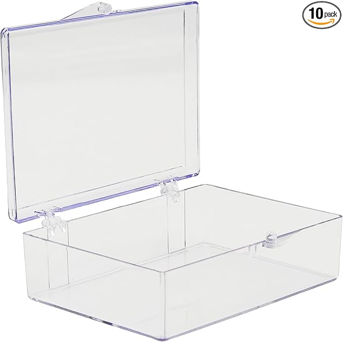 10-Pack Clear Hinged Plastic Containers, Keepsake Storage Boxes, 3 1/2" L x 2 9/16" W x 1" H, Made in USA, Plastic Display Case or Small Box for Storage and Organization