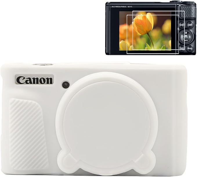Pocoukate Case for Canon PowerShot SX740 HS Camera, Soft Silicone Protective Cover Skin with Removable Lens Cover for SX740/SX730 HS Accessories Rubber with Tempered Glass Screen Protector - White