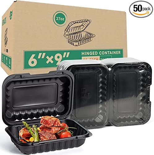 LEOBOX To Go Containers, BPA-Free Plastic Take Out Boxes with Lids 50-Pack 27oz Black MFPP Reusable Meal Prep Container for Food Storage, Hinged Clamshell Design for To-Go Lunch Salad Breakfast