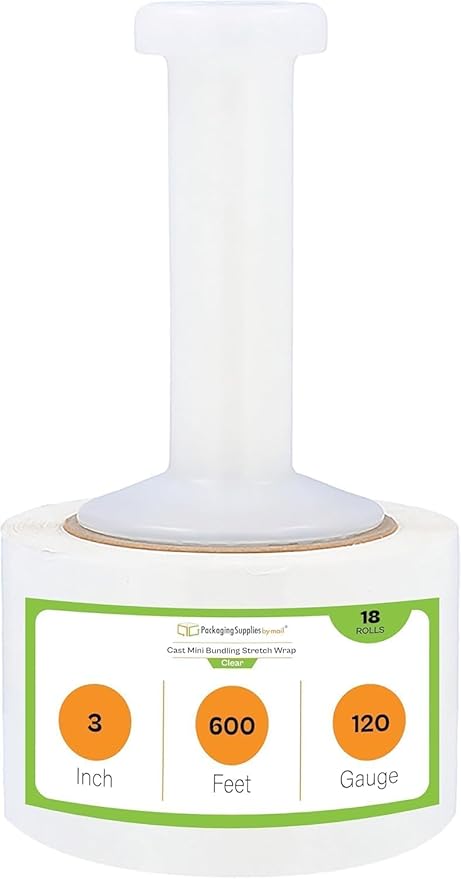 PSBM 18 Rolls 3 Inch x 600 Feet 120 Gauge Mini Stretch Film/Wrap with Plastic Handle, Heavy Duty Industrial Strength Clear Shrink/Plastic Wrap for Moving, Packing, Shipping, Bundling & Storage