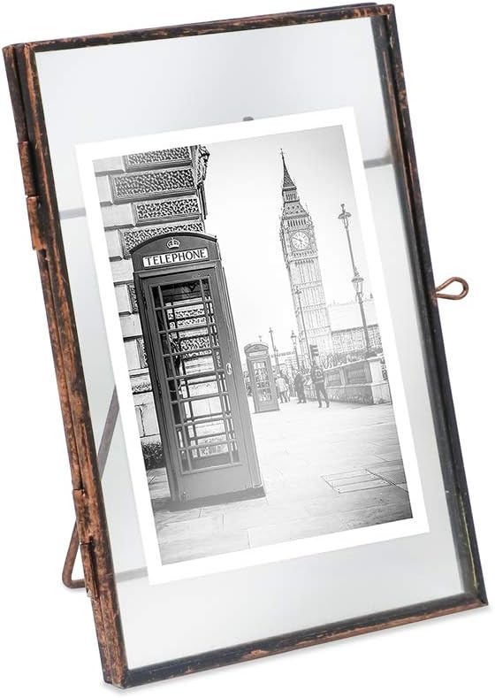 Isaac Jacobs 5x7, Antique Bronze, Vintage Style Brass and Glass, Metal Floating Picture Frame (Vertical) with Locket Closure, for Photos, Art, & More, Tabletop Display (5x7 Antique Bronze)
