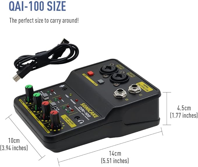 SONICAKE Audio Mixer, Portable USB Mini Sound Board Console, 2 Channel with Sound Card, 48V Phantom Power Compact DJ Mixers for PC & Music Recording, Live Streaming, Podcasting, KTV, Karaoke