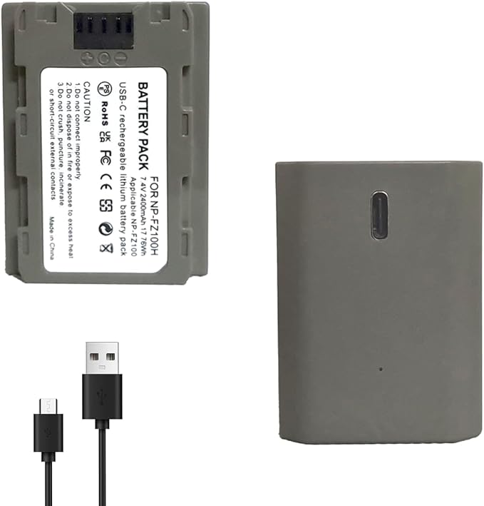 NP-FZ100 2400mAh Replacement Battery for A7R V A7S III A7 IV, USB C Charging Cable, Compatible with ZV-E1, FX3, FX30, A1, A9,A9 II, A6600, A7C