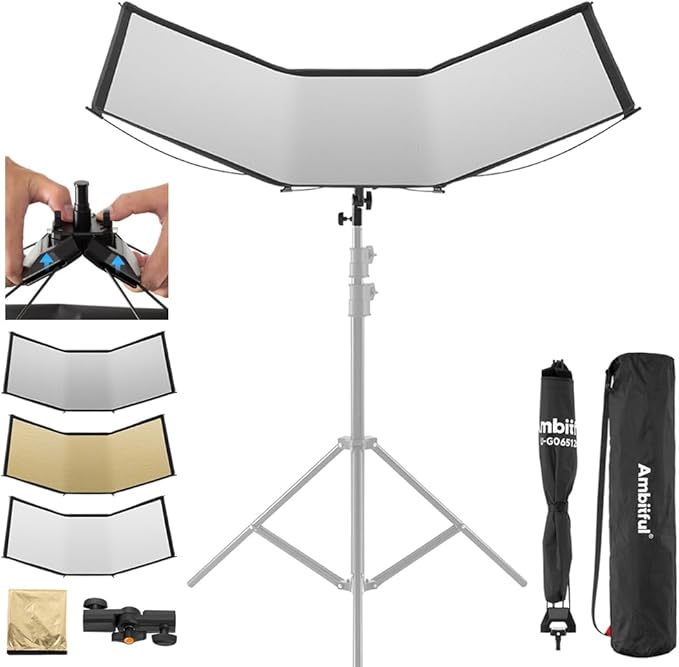 AMBITFUL Reflector Photography, Flash Light Reflectors, 𝐐𝐮𝐢𝐜𝐤 𝐑𝐞𝐥𝐞𝐚𝐬𝐞 U-Shape Reflector with 48in x 25.5in Photography Diffuser for Studio Portrait&Video Shooting, 3-in-1 White/Silver/Gold