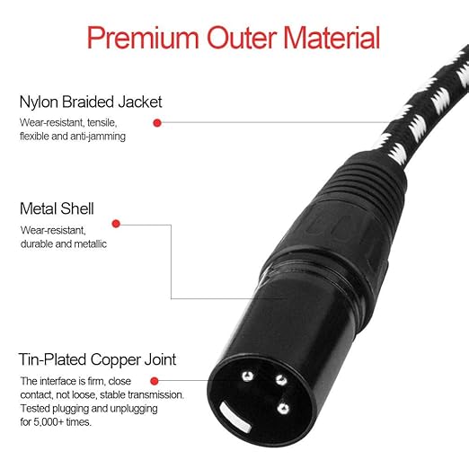 XLR Cables 10ft 2 Pack, Nylon Braided XLR Extension Microphone Cable, OFC Shielded and Balanced XLR Male to XLR Female Mic Cord for Preamp Recording Mixer Amplifie Speaker Black
