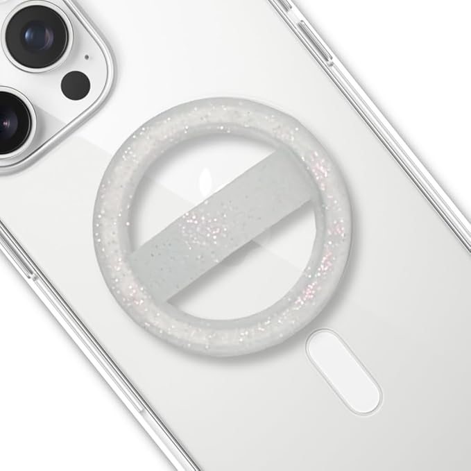 Grips by CRYSTALFY Magnetic Phone Grip & Silicone Phone Holder with Loop, Extra Metal Ring, Compatible with MagSafe & Non-MagSafe iPhone Cases - Secure Cellphone Loop Handle (White Sparkle)