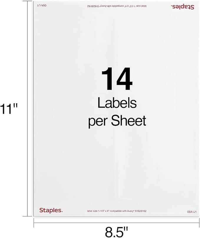 Staples 1-1/3" x 4" Address Labels, White – Printable Laser & Inkjet Mailing Labels, 14 Labels per Sheet