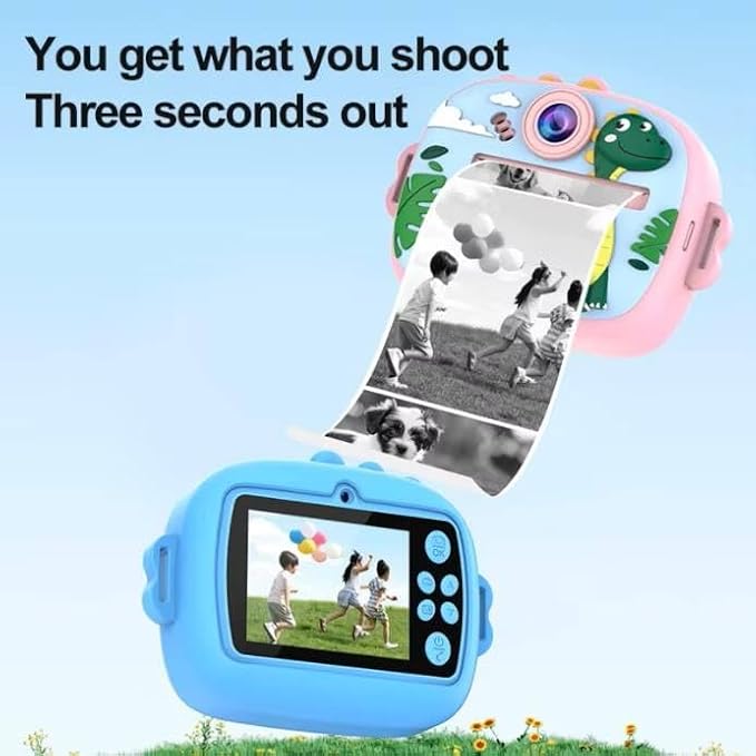 Kids Instant Print Camera, Cute Dinosaur Theme No-Ink Thermal Printing Digital Camera Toy, Rechargeable Portable Camera for Girls & Boys Ages 3–12, DIY Black and White Photo Prints (Green)