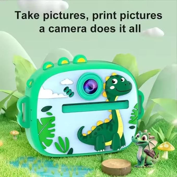 Kids Instant Print Camera, Cute Dinosaur Theme No-Ink Thermal Printing Digital Camera Toy, Rechargeable Portable Camera for Girls & Boys Ages 3–12, DIY Black and White Photo Prints (Pink)