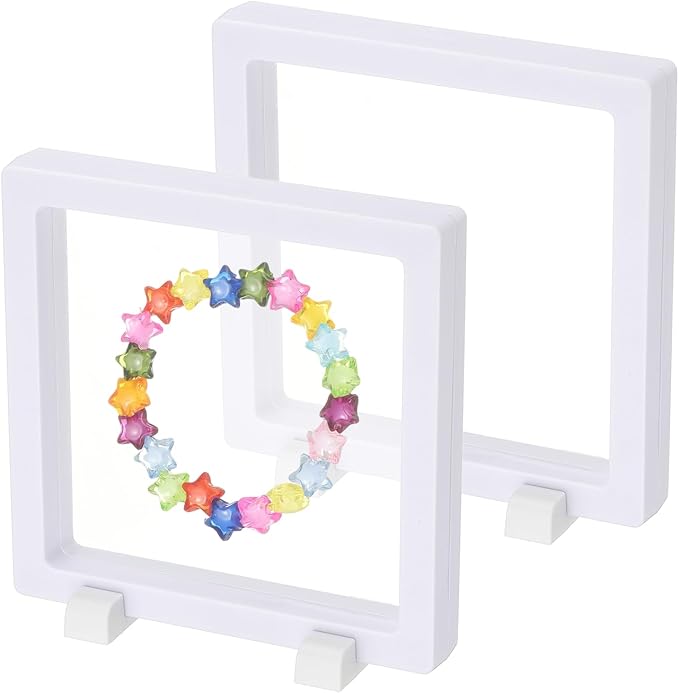 PATIKIL 2Pcs Floating Display Case, 5.5 Inch Jewelry Display Case Stand Challenge Coin Holder Frames Transparent Large Storage Box 3D for Necklace Bracelets Pendants, White