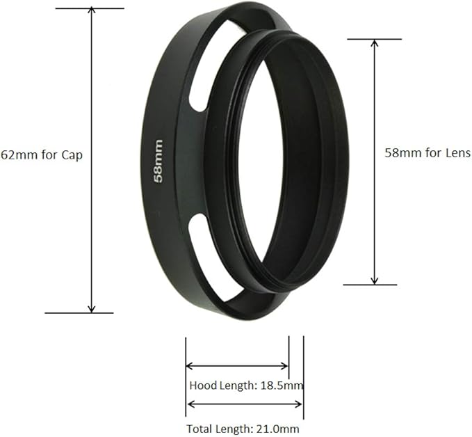 SIOTI 58mm Lens Hood, Oxidation Matte Anti Reflective Treatment, Aluminum Alloy, with 1 * 62mm Lens Cap, Compatible with Sony/Canon/Nikon/Fuji etc >40mm Camera Lens