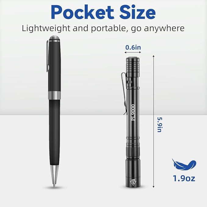 2Pack Pen Flashlight Rechargeable PL9000, 5Mode Bright Pen Light Flashlight High Lumens, Waterproof Pocket Flashlights, EDC Adjustable Tactical Flash Light, LED Small Lights with Clip for Emergencies