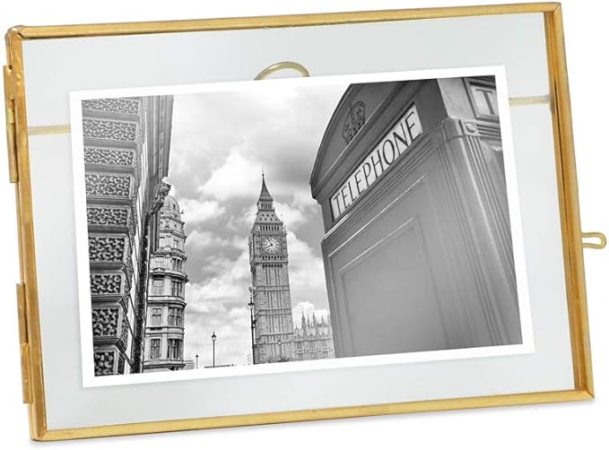 Isaac Jacobs 4x6, Antique Gold, Vintage Style Brass and Glass, Metal Floating Picture Frame (Horizontal) with Locket Closure, for Photos, Art, More, Tabletop Display (4x6 Antique Gold)