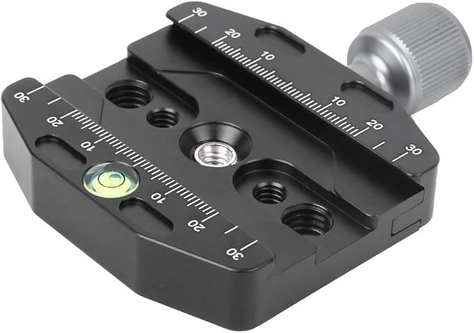 70mm Aluminium Alloy Quick Release Plate Clamp, QR Plate Clamp with 1/4in 3/8in Screw Holes, Built in Gradienter for Arca Standard Tripod, Durable Metal Locking Knob for Camera Pho