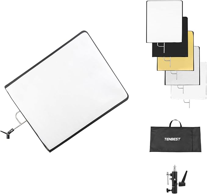Photography Light Reflector Flag Kit, 30x35inches/75x90cm with Light Stand Adapter, 4-in-1 Gold/Silver/Black/White Diffuser and Translucent Diffuser, Foldable Stainless Steel Frame