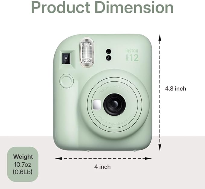 Fujifilm Instax Mini 12 Instant Camera Mint Green Bundle – Includes 40-Sheets Instax Mini Film, Protective Case, and Mini Photo Album