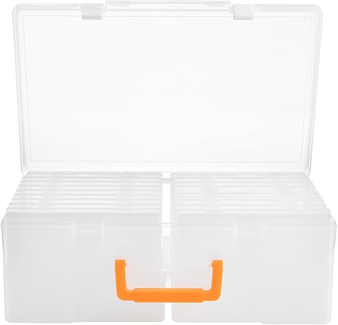 ALINK Photo Storage Box 5" x 7" with Handle, 18 pcs Inner Photo Container Organizer and Craft Keeper, Portable Picture Case with Label for Arts, Crafts, Sewing, Stickers, Office - Clear