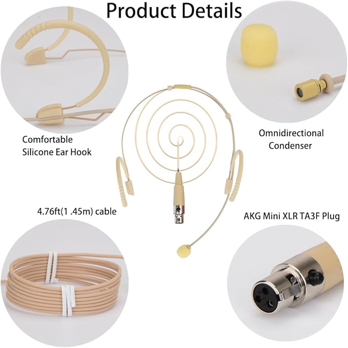 YXG Headworn Earset Over Ear Hanging Mic Beige Low Profile Light-Weight Microphone Compatible with AKG Wireless System Bodypack Transmitter,with 1.45m Cable Mini XLR Plug