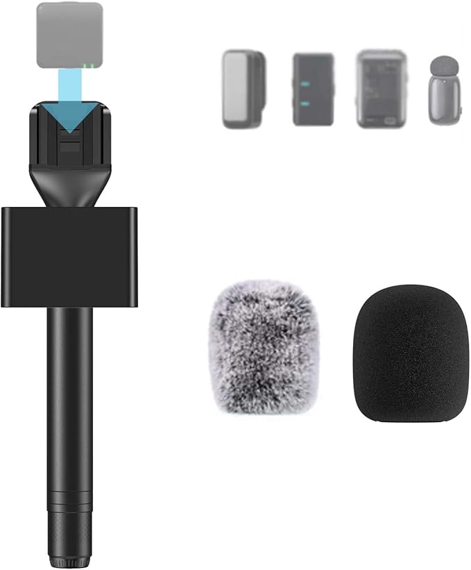 ZealSound Handheld Interview Microphone Adapter, Wireless Lavalier Transmitter Handle with Flag, Furry Windscreen & Foam, Compatible with DJI Mic Mini/Mic 2/3, Rode Wireless GO 2/3, Hollyland, BOYA