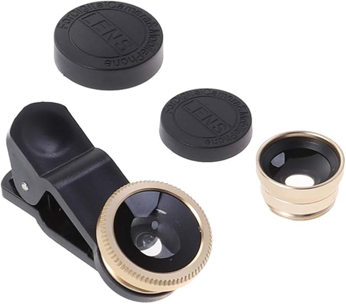 Mikikit Universal Portable Cell Phone Camera Lens Kit Super Wide Angle Macro Fisheye Clip Lens Golden Compatible Smartphones