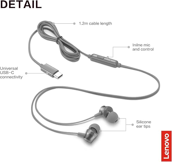 Lenovo - 300 Wired in-Ear USB-C Headphones - in-Line Microphone - USB-C Connectivity - Play & Pause Button - 3 Sizes Silicone Ear Tips Included, Grey