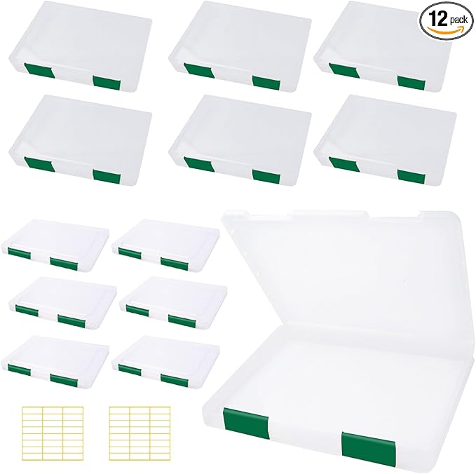 12 Pcs Clear A4 A5 File Box Document Plastic Storage Box with 48 Labels File Holder Organizer Paper Plastic Case Magazine Protector with Buckle Office School Supplies(Green)