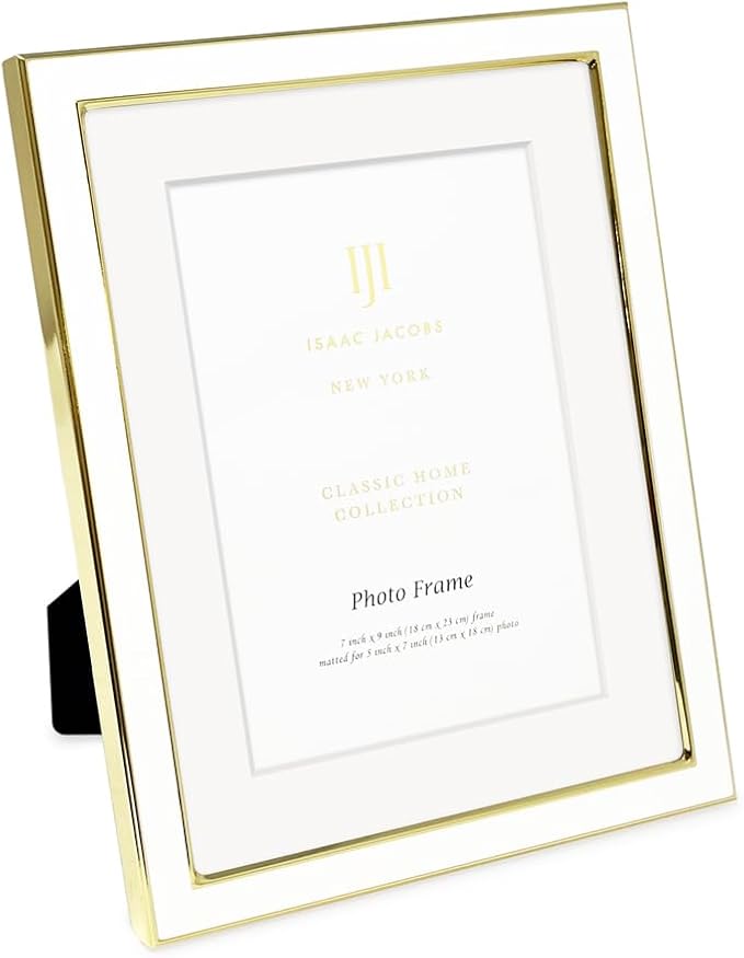 Isaac Jacobs 7x9 (Matted 5x7) White Enamel Picture Frame with Gold Metal Edge and Easel, Tabletop Display, Wall Décor, Photo Gallery, (7x9 (Matted 5x7), White with Gold)