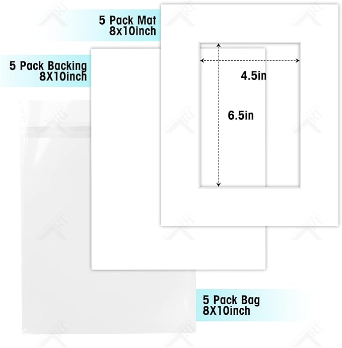 Golden State Art, Acid Free, Pack of 5, 8x10 White Picture Mats Mattes with White Core Bevel Cut for 5x7 Photo + Backing + Bags